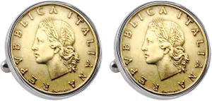 Italian Republic Silvertone Bezel Cuff Links | Lira Coins | Men's Cufflinks | Miss Italy Lire Coins