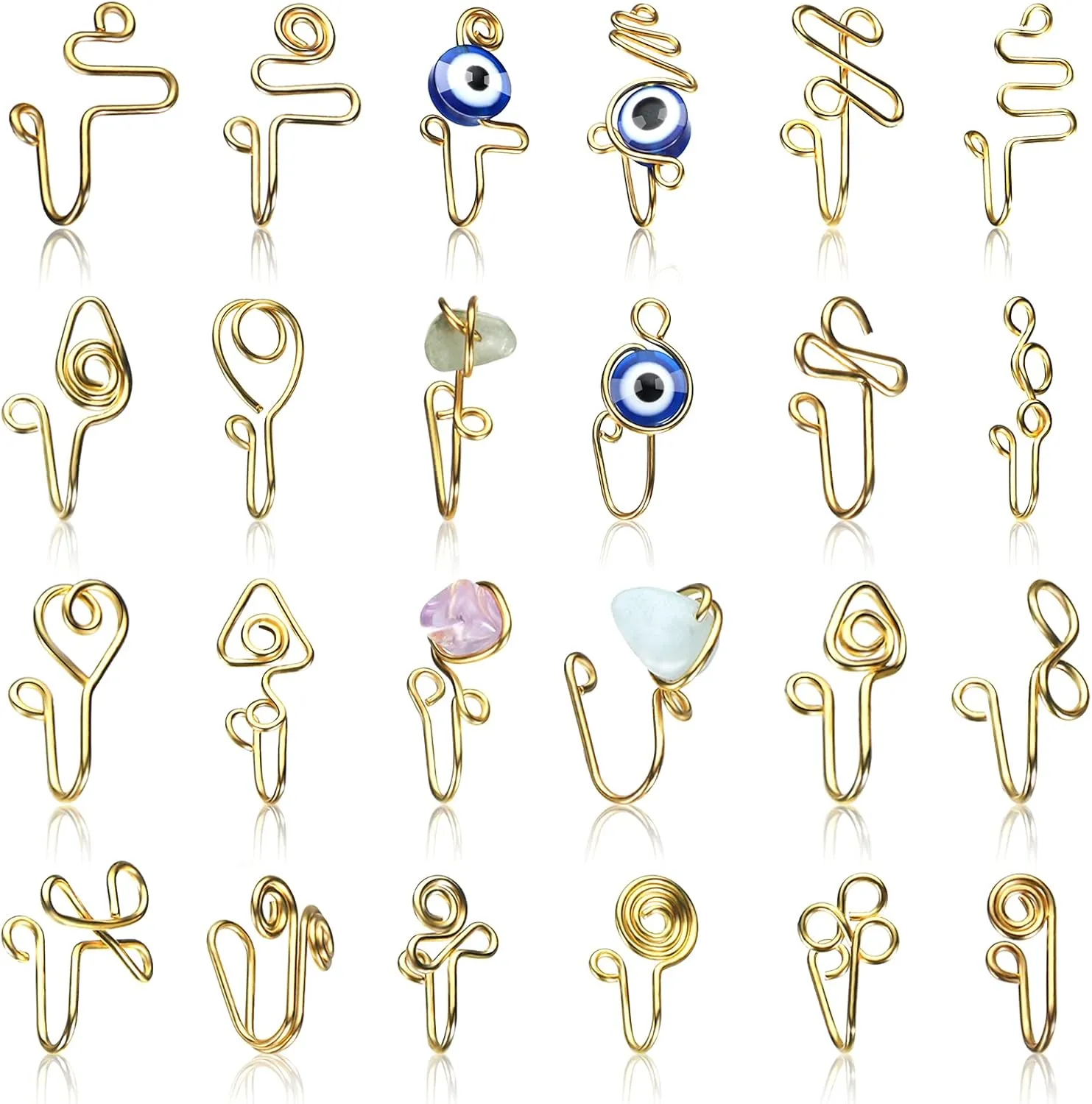 Jadive 24 Pcs Fake Nose Ring for Women Men African Nose Cuff Stainless Steel Non Piercing Evil Eye Faux Clip on Septum Ring Jewelry Gift for Birthday