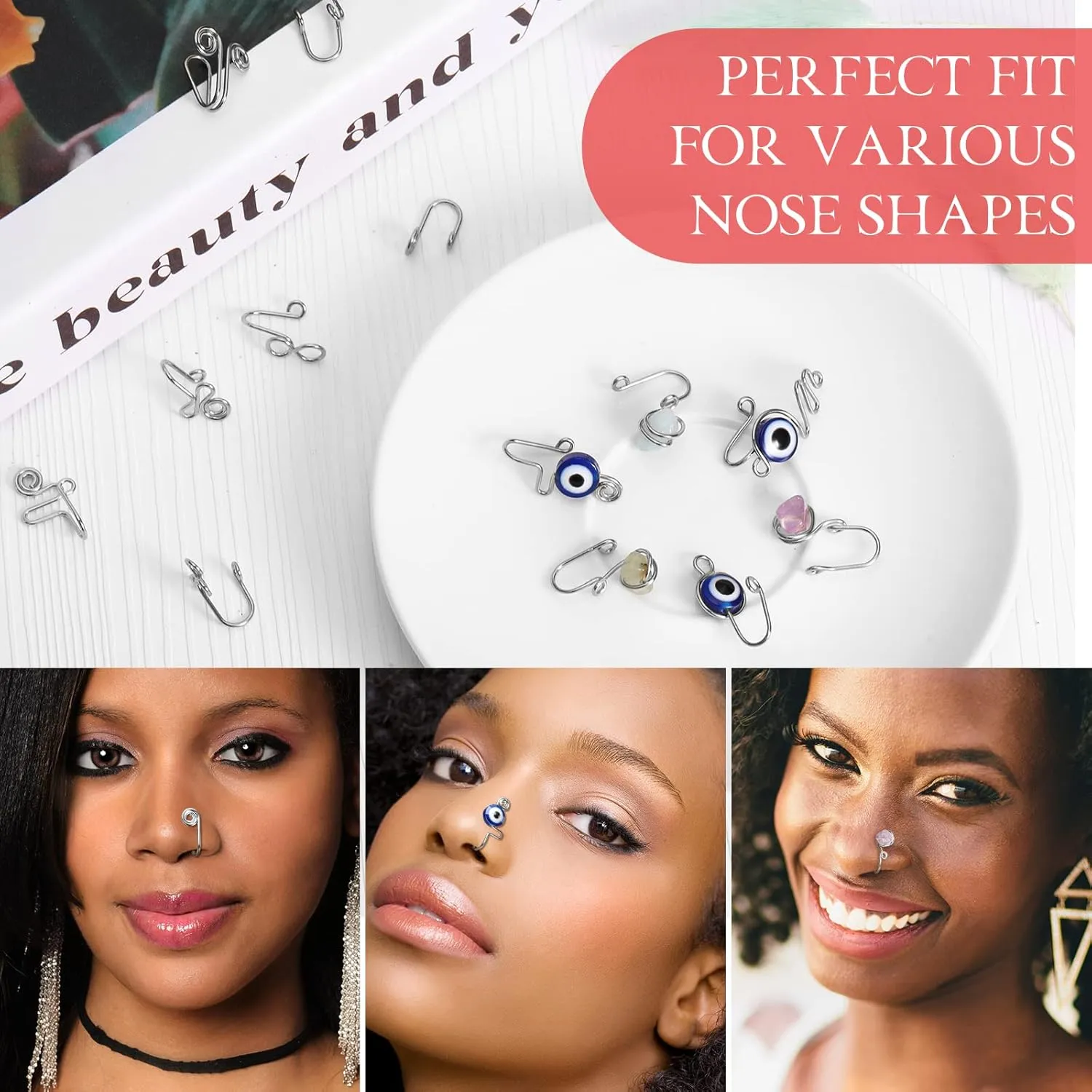 Jadive 24 Pcs Fake Nose Ring for Women Men African Nose Cuff Stainless Steel Non Piercing Evil Eye Faux Clip on Septum Ring Jewelry Gift for Birthday