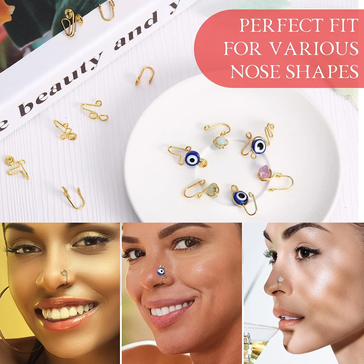 Jadive 24 Pcs Fake Nose Ring for Women Men African Nose Cuff Stainless Steel Non Piercing Evil Eye Faux Clip on Septum Ring Jewelry Gift for Birthday
