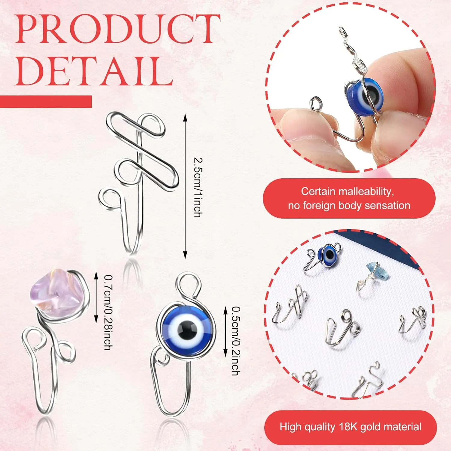 Jadive 24 Pcs Fake Nose Ring for Women Men African Nose Cuff Stainless Steel Non Piercing Evil Eye Faux Clip on Septum Ring Jewelry Gift for Birthday