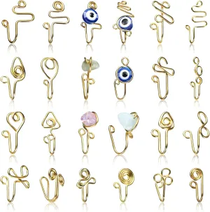 Jadive 24 Pcs Fake Nose Ring for Women Men African Nose Cuff Stainless Steel Non Piercing Evil Eye Faux Clip on Septum Ring Jewelry Gift for Birthday