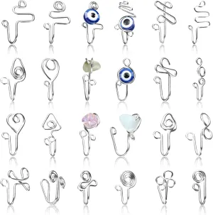 Jadive 24 Pcs Fake Nose Ring for Women Men African Nose Cuff Stainless Steel Non Piercing Evil Eye Faux Clip on Septum Ring Jewelry Gift for Birthday