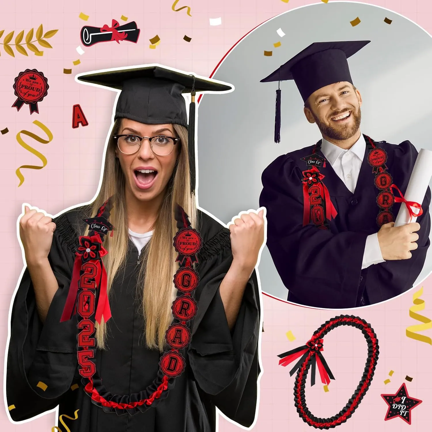 JenPen Graduation Leis Class of 2025 Grad Ribbon Double Braided Necklace Handmade Honor Cords for College Congrats Grad Gifts Party Supplies Gifts Accessories
