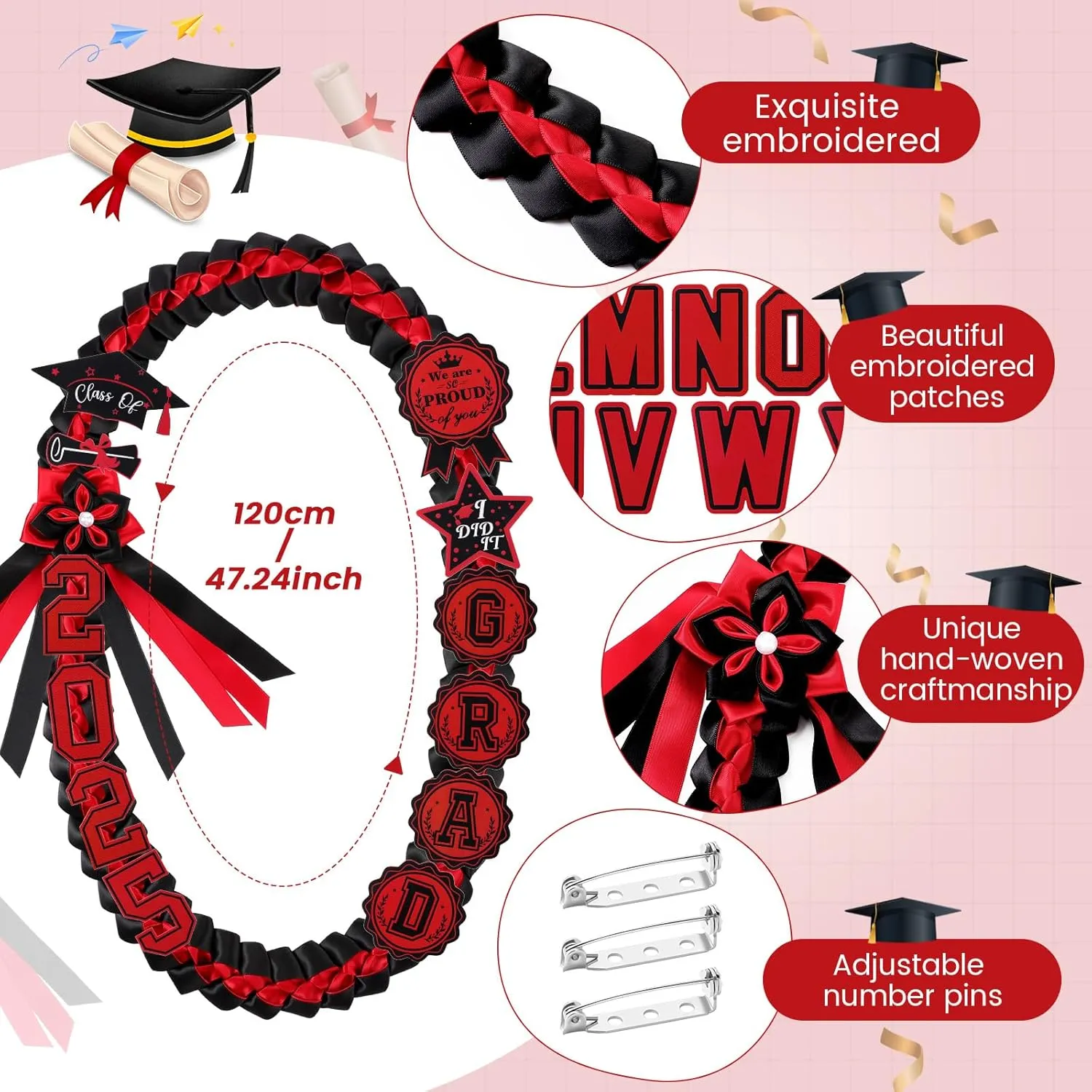 JenPen Graduation Leis Class of 2025 Grad Ribbon Double Braided Necklace Handmade Honor Cords for College Congrats Grad Gifts Party Supplies Gifts Accessories