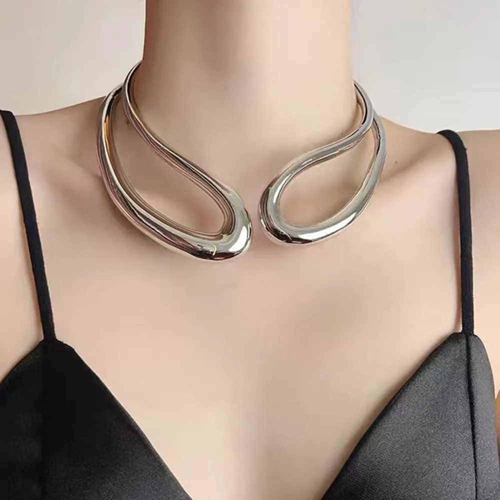 Jerollin Gold/Silver Choker Collar Necklaces for Women, Stainless Steel Gold Statement Necklace Open Choker Bib Necklace African Jewelry Necklace