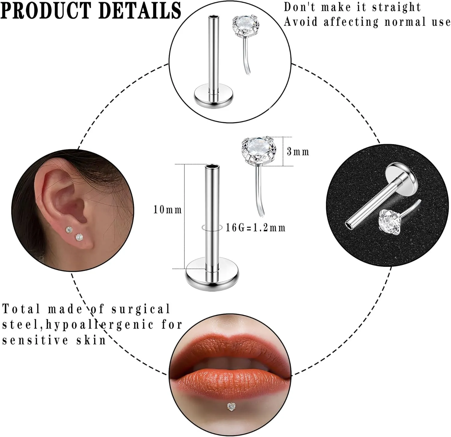 JeryWe 36Pcs 16G Threadless Push in Lip Ring Nose Studs Stainless Steel Lip Stud Nostril Piercing Jewelry for Women Men Tragus Cartilage Earring Stud Piercing Jewelry
