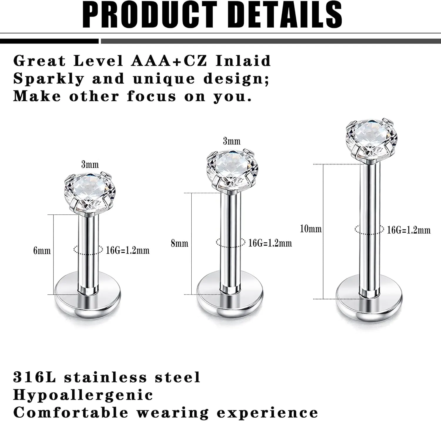 JeryWe 36Pcs 16G Threadless Push in Lip Ring Nose Studs Stainless Steel Lip Stud Nostril Piercing Jewelry for Women Men Tragus Cartilage Earring Stud Piercing Jewelry
