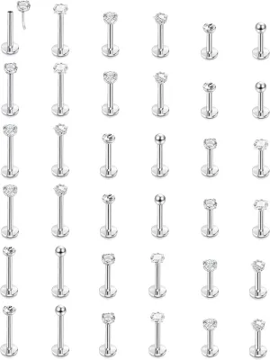JeryWe 36Pcs 16G Threadless Push in Lip Ring Nose Studs Stainless Steel Lip Stud Nostril Piercing Jewelry for Women Men Tragus Cartilage Earring Stud Piercing Jewelry