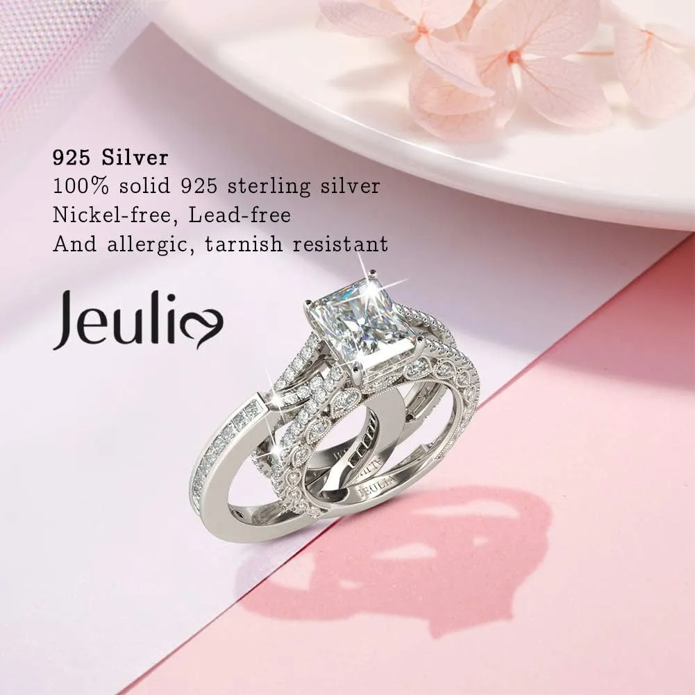 Jeulia Engagement Wedding Ring Set for Women 925 Silver 5.2 Carat Radiant Cut Cubic Zirconia Promise Anniversary Rings with Side Stones