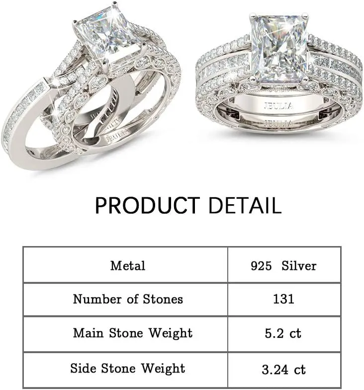 Jeulia Engagement Wedding Ring Set for Women 925 Silver 5.2 Carat Radiant Cut Cubic Zirconia Promise Anniversary Rings with Side Stones