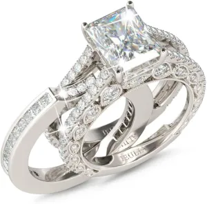 Jeulia Engagement Wedding Ring Set for Women 925 Silver 5.2 Carat Radiant Cut Cubic Zirconia Promise Anniversary Rings with Side Stones