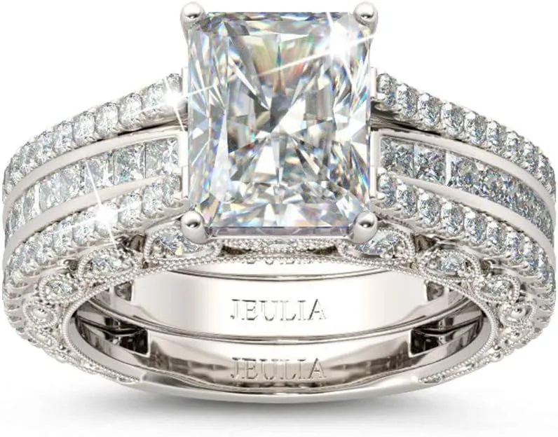 Jeulia Engagement Wedding Ring Set for Women 925 Silver 5.2 Carat Radiant Cut Cubic Zirconia Promise Anniversary Rings with Side Stones