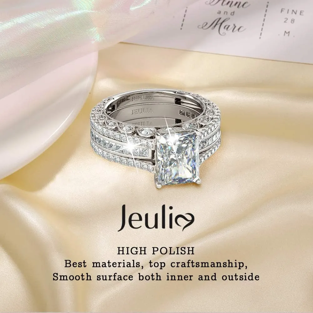 Jeulia Engagement Wedding Ring Set for Women 925 Silver 5.2 Carat Radiant Cut Cubic Zirconia Promise Anniversary Rings with Side Stones
