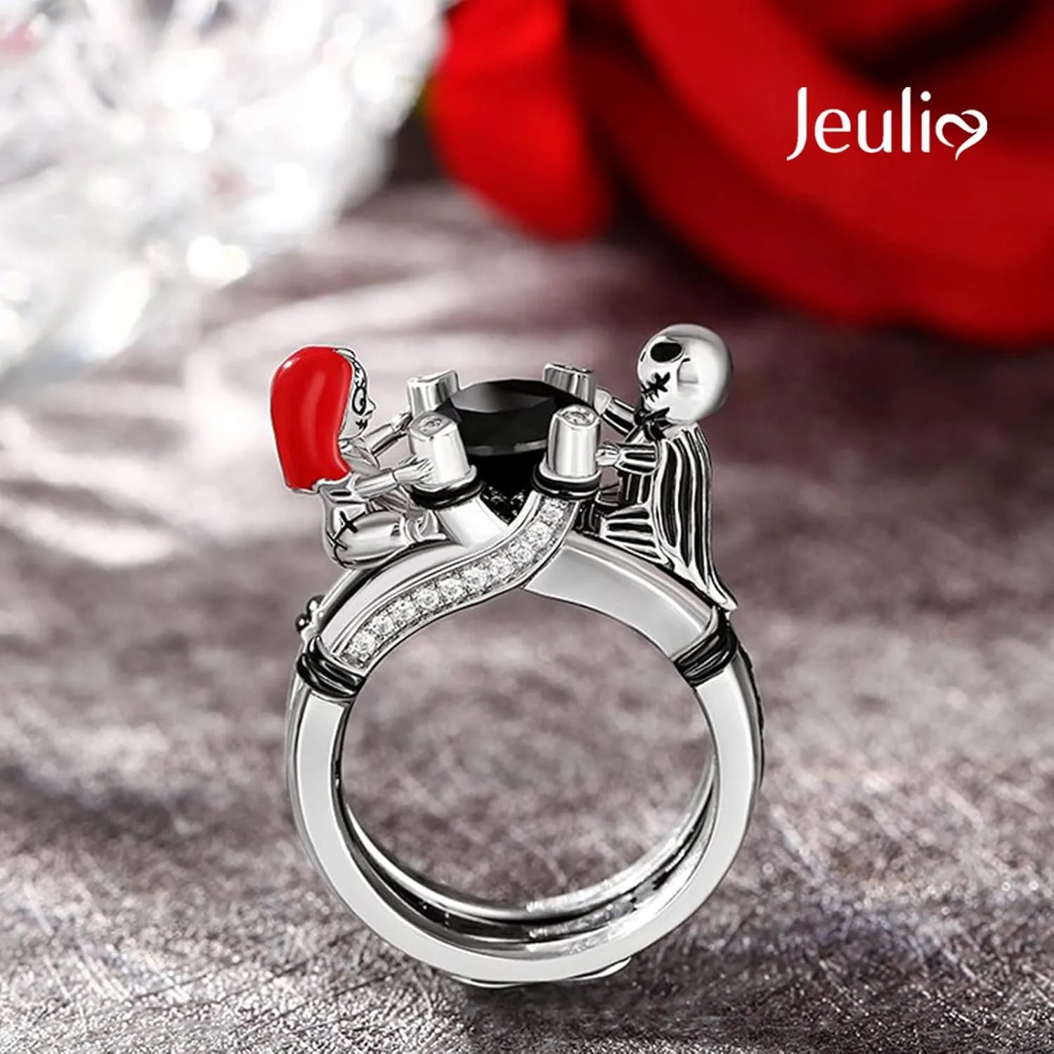 Jeulia Hug Me Magic of Love Skull Couple Round Cut Sterling Silver Ring for Women Wife Girlfriend Engagement Wedding Anniversary Christmas Birthday With Jewelry Box