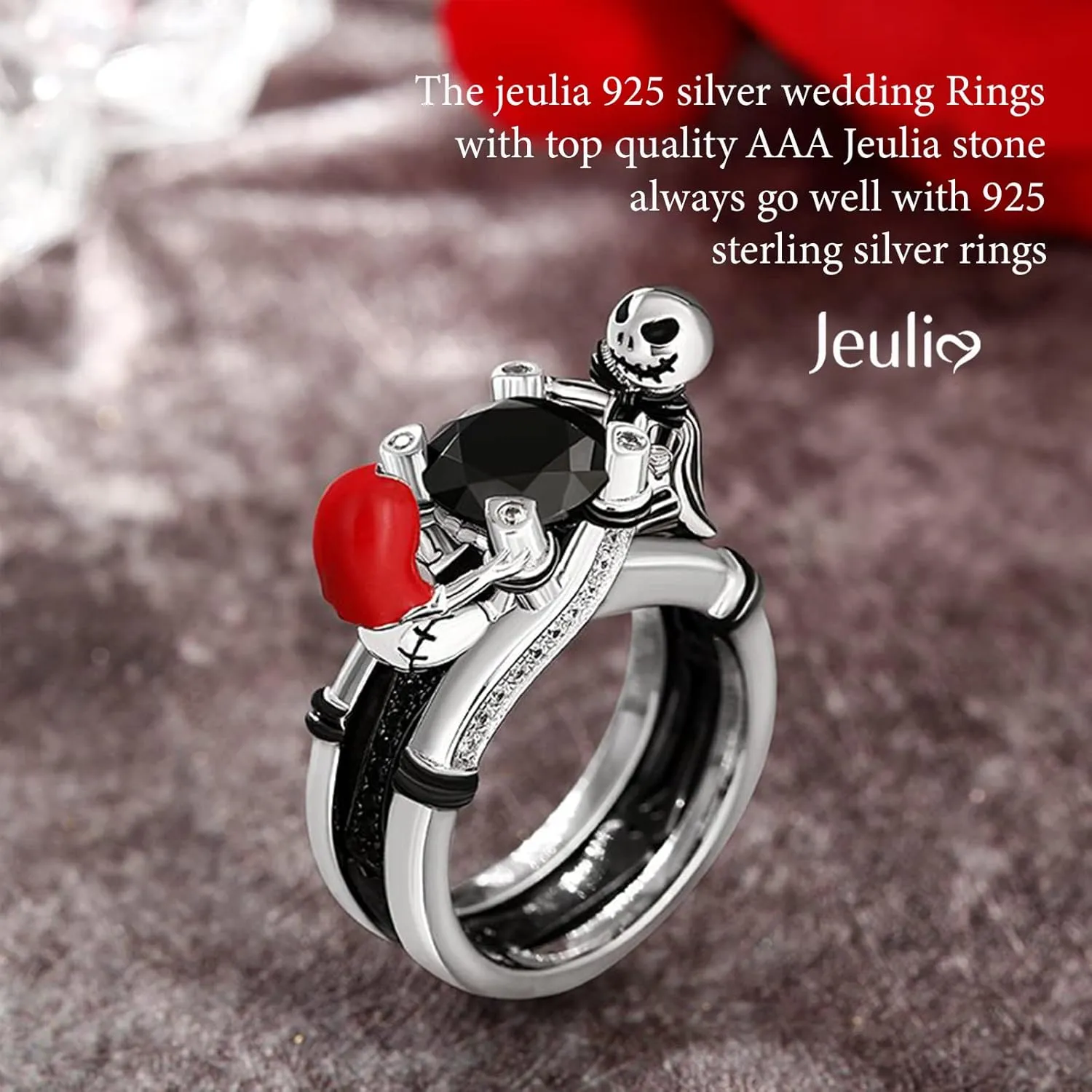 Jeulia Hug Me Magic of Love Skull Couple Round Cut Sterling Silver Ring for Women Wife Girlfriend Engagement Wedding Anniversary Christmas Birthday With Jewelry Box