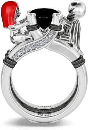 Jeulia Hug Me Magic of Love Skull Couple Round Cut Sterling Silver Ring for Women Wife Girlfriend Engagement Wedding Anniversary Christmas Birthday With Jewelry Box