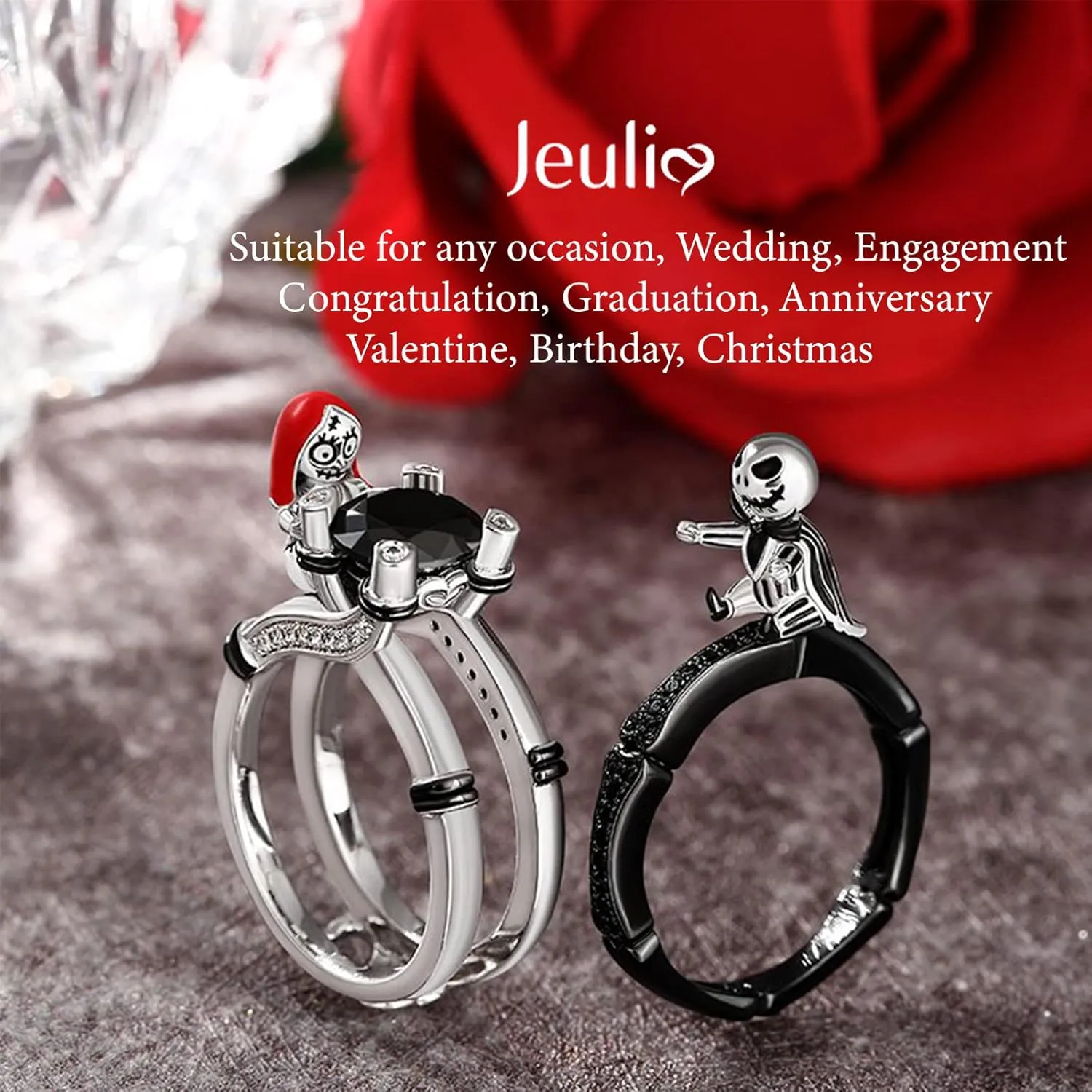 Jeulia Hug Me Magic of Love Skull Couple Round Cut Sterling Silver Ring for Women Wife Girlfriend Engagement Wedding Anniversary Christmas Birthday With Jewelry Box