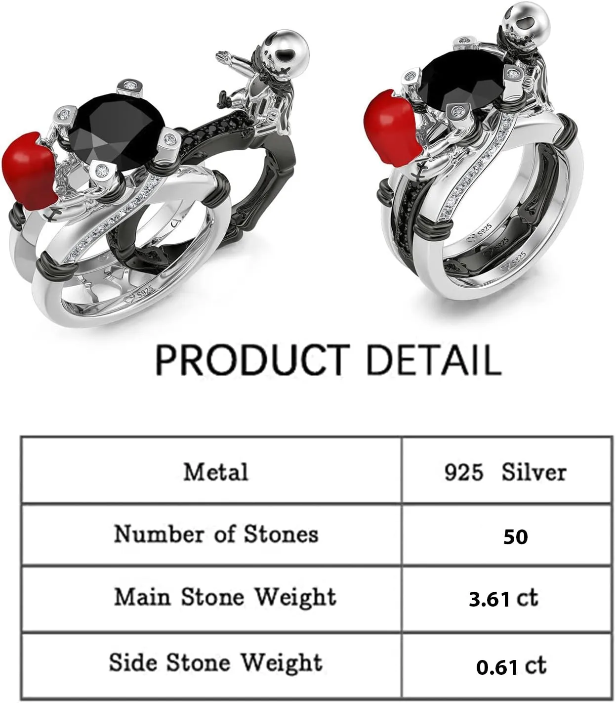 Jeulia Hug Me Magic of Love Skull Couple Round Cut Sterling Silver Ring for Women Wife Girlfriend Engagement Wedding Anniversary Christmas Birthday With Jewelry Box