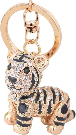 JewelBeauty Cute Animal Key Ring Ceative Keychain Crystal Rhinestone Tiger Key Chain for Woman Handbag Clothing Accessories (Gold#2)