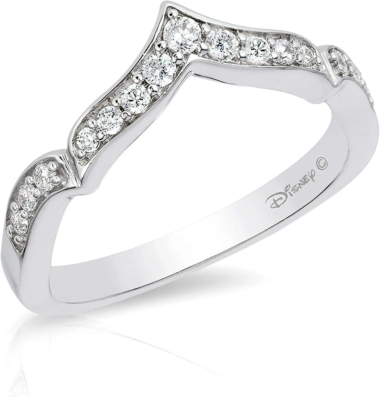 Jewelili Enchanted Disney Fine Jewelry 14K White Gold 1/5 Cttw Diamond Majestic Princess Tiara Wedding Band