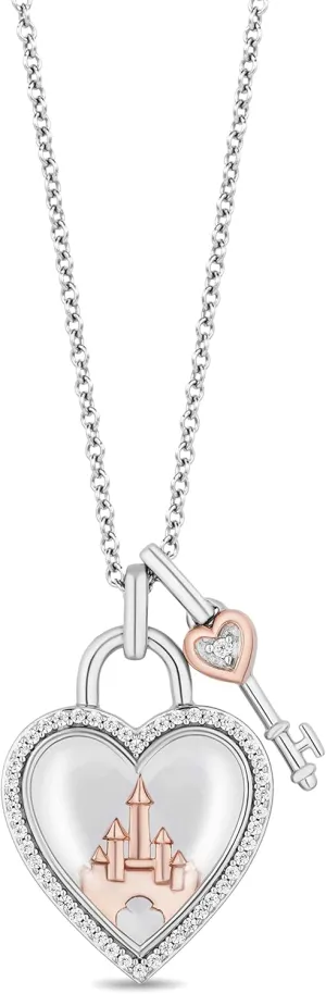 Jewelili Enchanted Disney Fine Jewelry Disney 100 Years Celebration Sterling Silver and 10K Rose Gold with 1/6 CTTW Diamond White Quartz Heart and Key Pendant Necklace