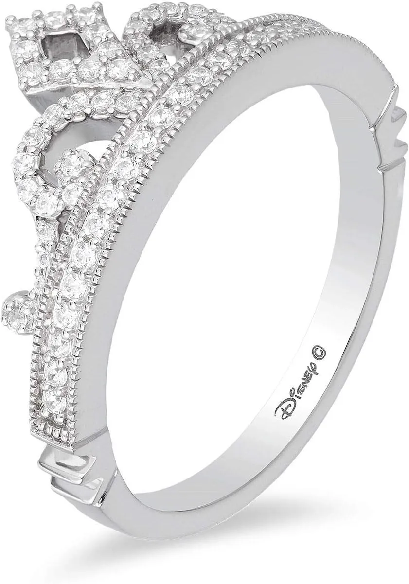 Jewelili Enchanted Disney Fine Jewelry Sterling Silver 1/4 Cttw Diamond Disney Princess Tiara Ring.