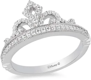 Jewelili Enchanted Disney Fine Jewelry Sterling Silver 1/4 Cttw Diamond Disney Princess Tiara Ring.