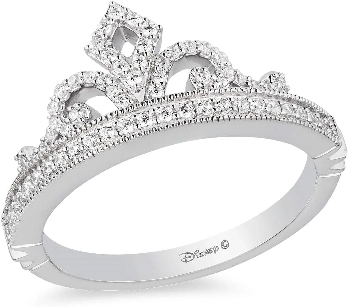 Jewelili Enchanted Disney Fine Jewelry Sterling Silver 1/4 Cttw Diamond Disney Princess Tiara Ring.