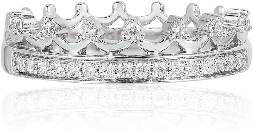 Jewelili Enchanted Disney Fine Jewelry Sterling Silver 1/5 Cttw Diamond Majestic Princess Crown Ring