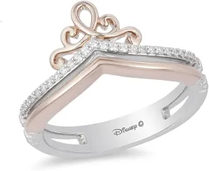 Jewelili Enchanted Disney Fine Jewelry Sterling Silver and 10K Rose Gold 1/10 Cttw Diamond Majestic Princess Ring
