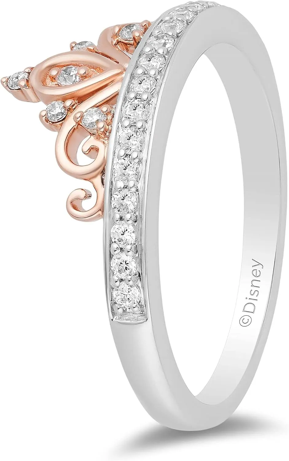 Jewelili Enchanted Disney Fine Jewelry Sterling Silver and 10K Rose Gold 1/5 CTTW Diamond Majestic princess Tiara Ring.