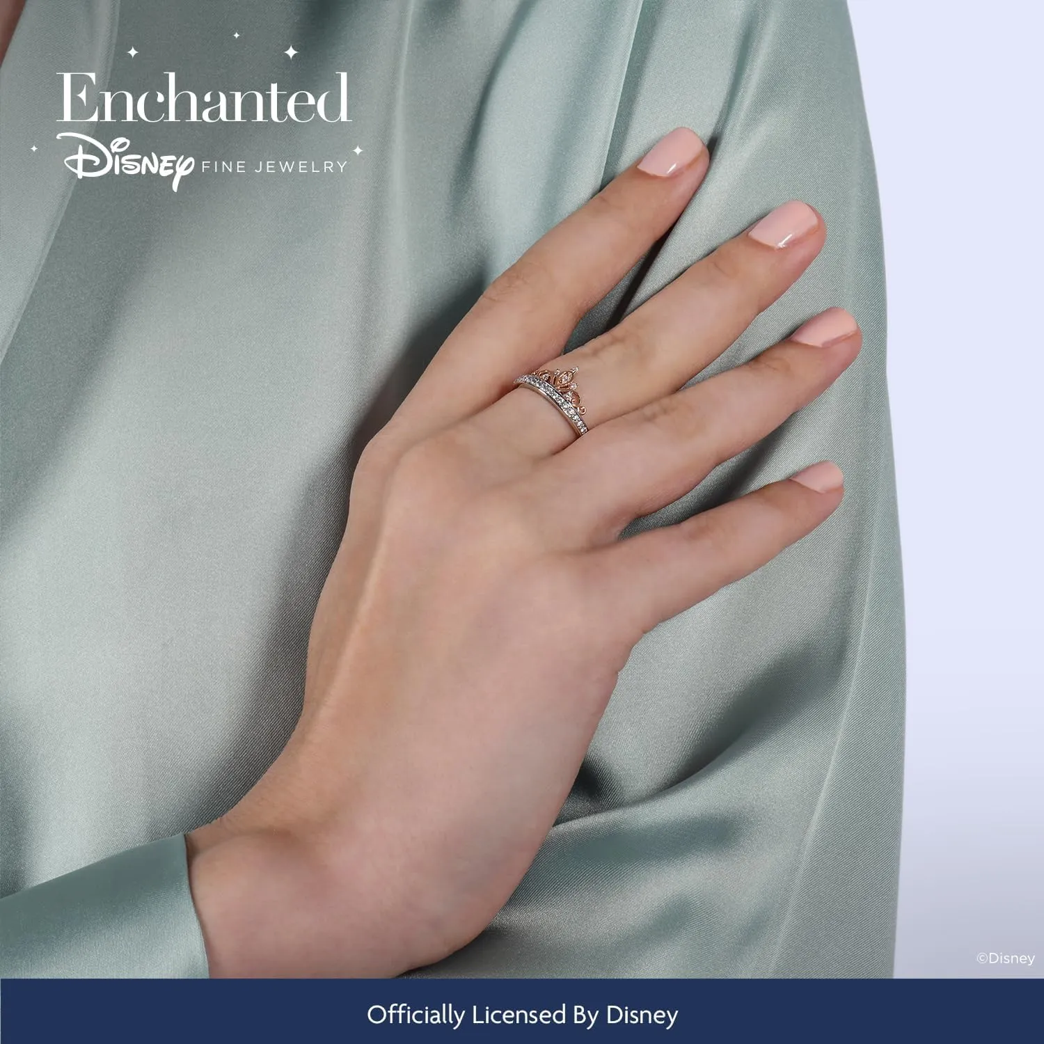 Jewelili Enchanted Disney Fine Jewelry Sterling Silver and 10K Rose Gold 1/5 CTTW Diamond Majestic princess Tiara Ring.