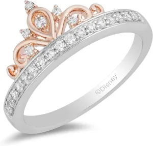 Jewelili Enchanted Disney Fine Jewelry Sterling Silver and 10K Rose Gold 1/5 CTTW Diamond Majestic princess Tiara Ring.