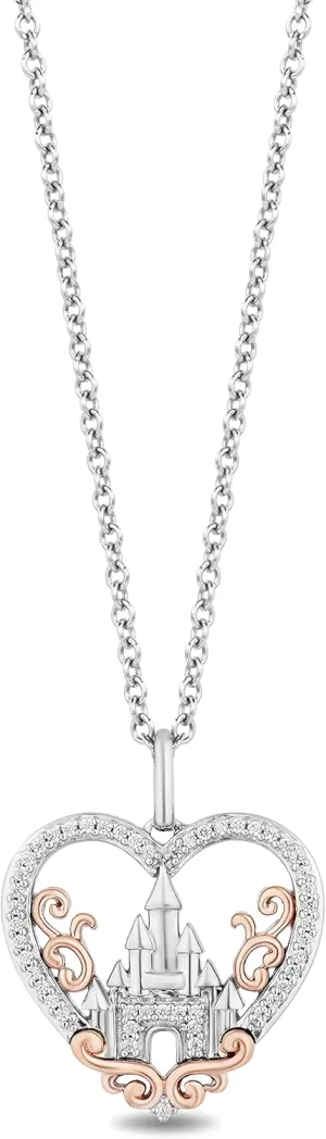 Jewelili Enchanted Disney Fine Jewelry Sterling Silver and 10K Rose Gold 1/8 Cttw Natural White Round Diamond Majestic Castle Heart Pendant Necklace, 18" Cable Chain