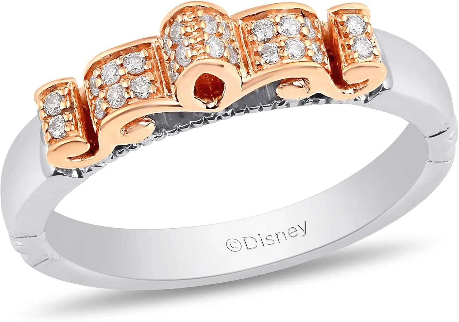 Jewelili Enchanted Disney Fine Jewelry Sterling Silver and 10K Rose Gold 1/8 Cttw Natural White Round Diamond Majestic Princess Ring