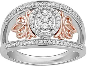 Jewelili Enchanted Disney Fine Jewelry Sterling Silver and 10K Rose Gold with 1/4 Cttw Diamond Majestic Princess Crown Ring