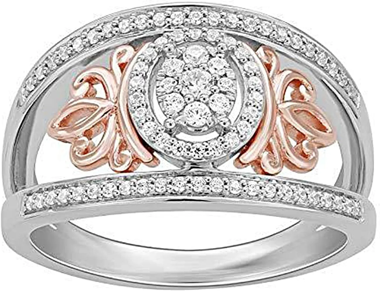 Jewelili Enchanted Disney Fine Jewelry Sterling Silver and 10K Rose Gold with 1/4 Cttw Diamond Majestic Princess Crown Ring