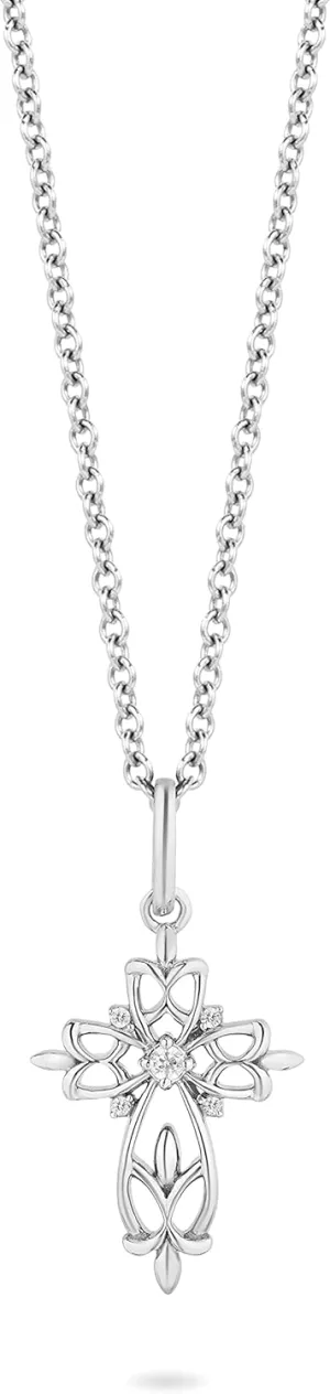 Jewelili Hallmark Fine Jewelry Sterling Silver Natural White Round Diamond Accents Filigree Delicate Cross Pendant Necklace, 18" Cable Chain