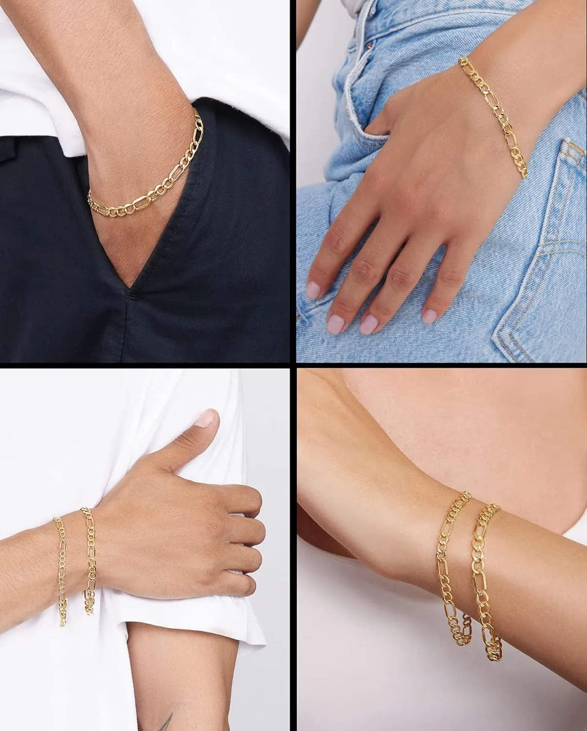 Jewelry Atelier Gold Filled Chain Bracelet Collection - 14K Solid Yellow Gold Filled Figaro Chain Bracelets for Women and Men with Different Sizes (4.7mm, 5.6mm)