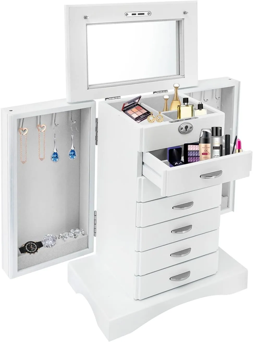 Jewelry Box, 7 Layers Jewelry Organizer Large with Mirror and Lock Ring Jewelry Case Organizer w/Drawer Store Watches, Necklaces, Earrings, Rings for Women Girls