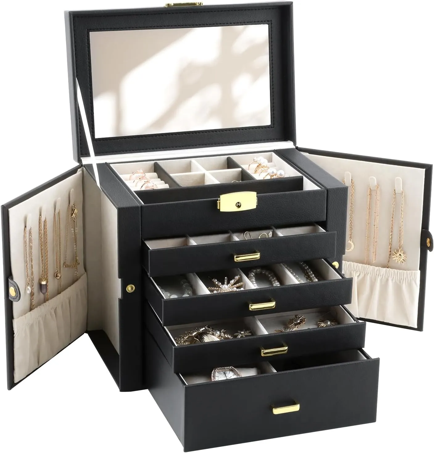 Jewelry Box for Women, 5-Layer Jewelry Organizers Box, Large Jewelry Storage Box for Girls, Jewelry Holder Organizers Gift for Valentine's Day, Christmas, New Year (Black)
