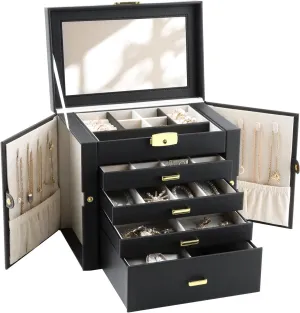 Jewelry Box for Women, 5-Layer Jewelry Organizers Box, Large Jewelry Storage Box for Girls, Jewelry Holder Organizers Gift for Valentine's Day, Christmas, New Year (Black)