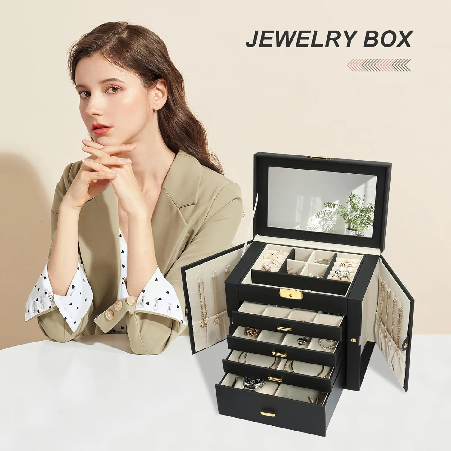 Jewelry Box for Women, 5-Layer Jewelry Organizers Box, Large Jewelry Storage Box for Girls, Jewelry Holder Organizers Gift for Valentine's Day, Christmas, New Year (Black)