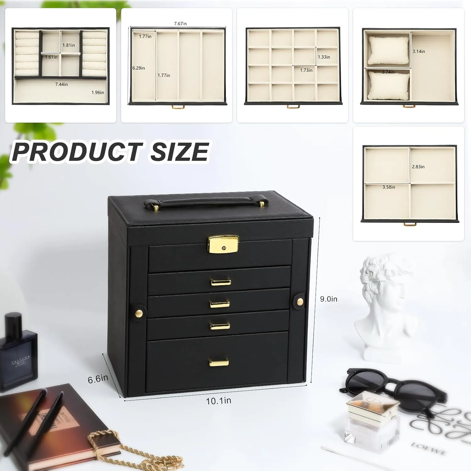 Jewelry Box for Women, 5-Layer Jewelry Organizers Box, Large Jewelry Storage Box for Girls, Jewelry Holder Organizers Gift for Valentine's Day, Christmas, New Year (Black)