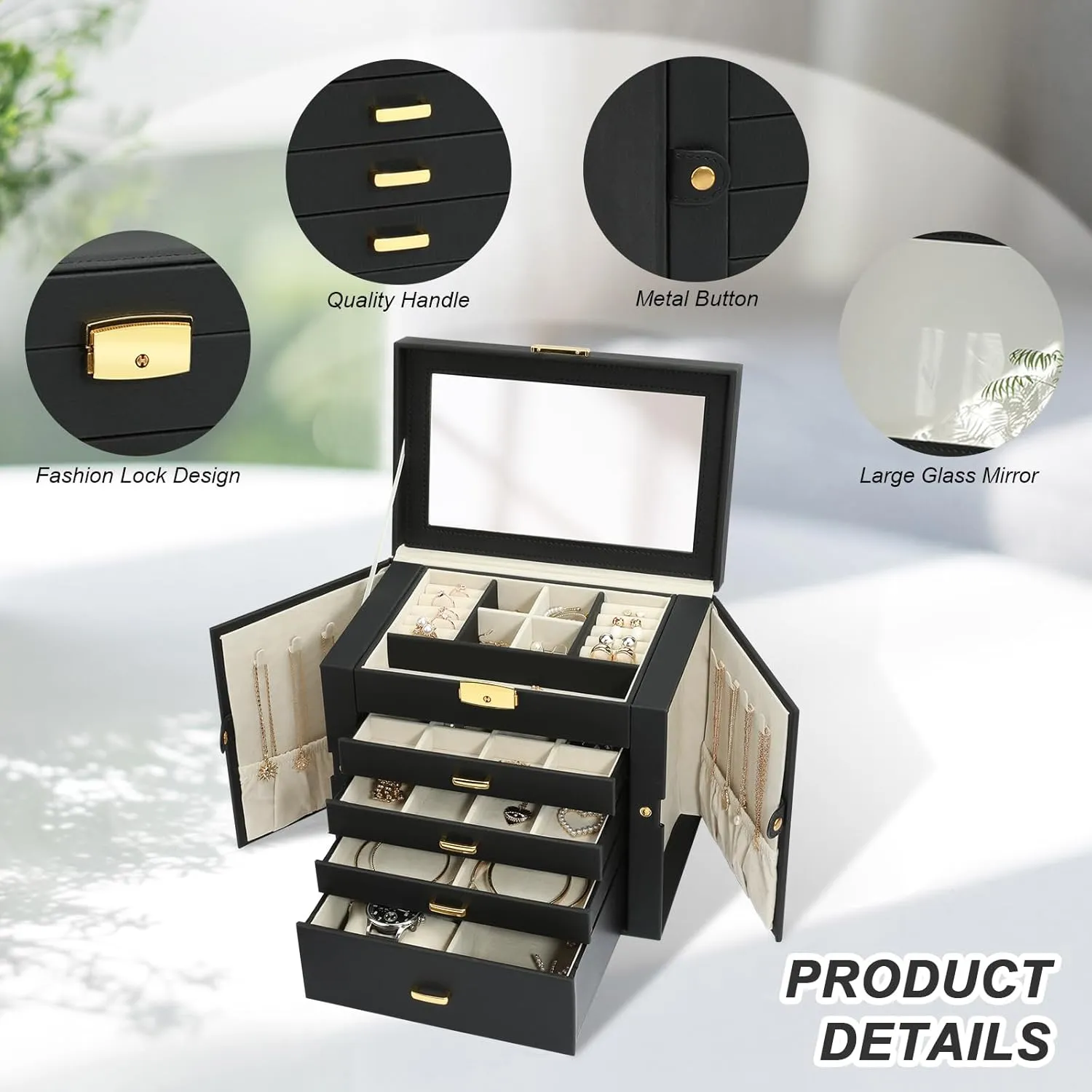 Jewelry Box for Women, 5-Layer Jewelry Organizers Box, Large Jewelry Storage Box for Girls, Jewelry Holder Organizers Gift for Valentine's Day, Christmas, New Year (Black)
