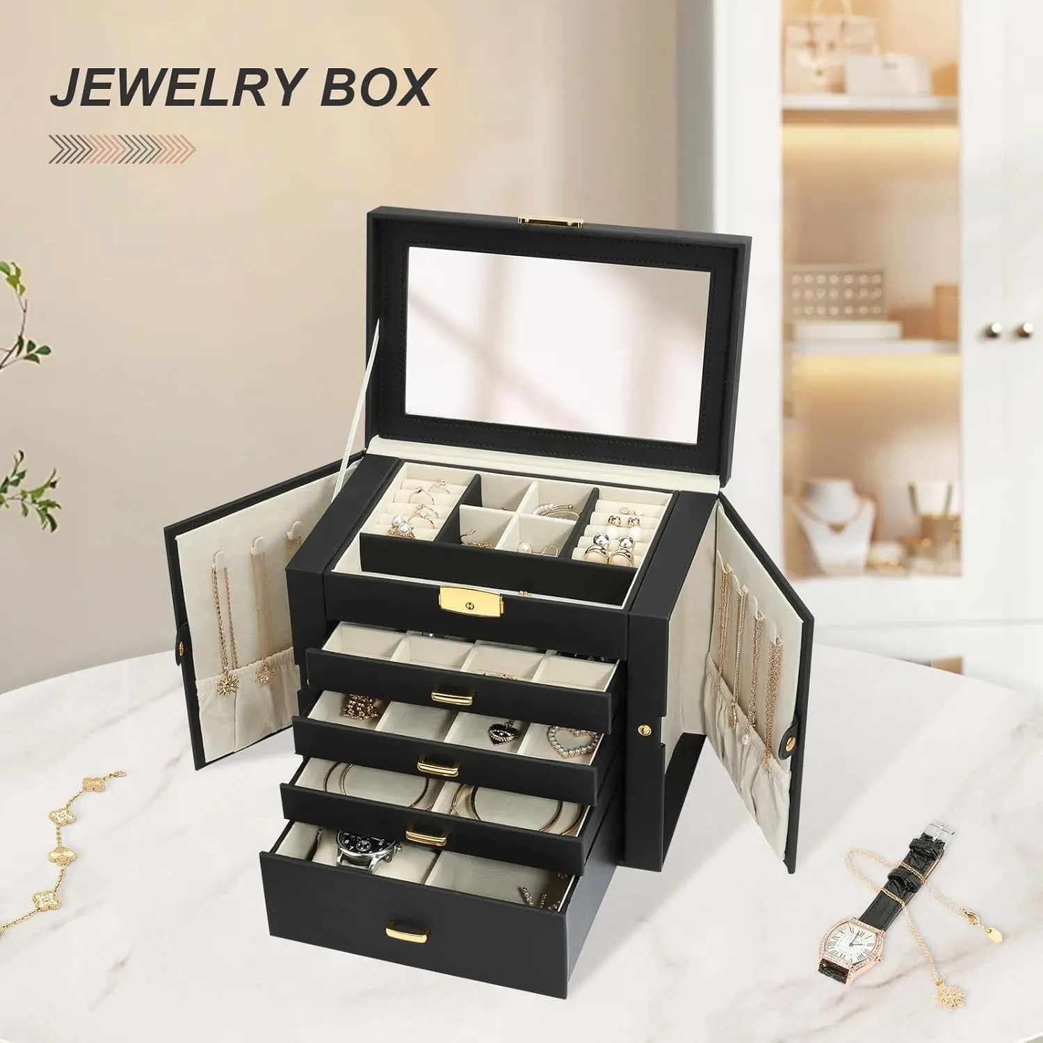 Jewelry Box for Women, 5-Layer Jewelry Organizers Box, Large Jewelry Storage Box for Girls, Jewelry Holder Organizers Gift for Valentine's Day, Christmas, New Year (Black)