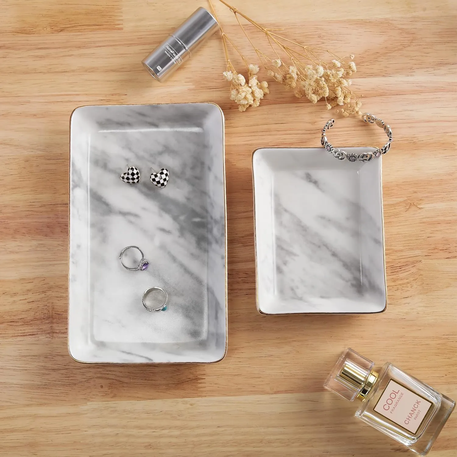 Jewelry Dish Tray Set of 2 Large Capacity Trinket Dish for Rings Earrings Necklaces Bracelet Watch Keys, Marble Jewelry Tray, Key Dish, Birthday Gifts for Women