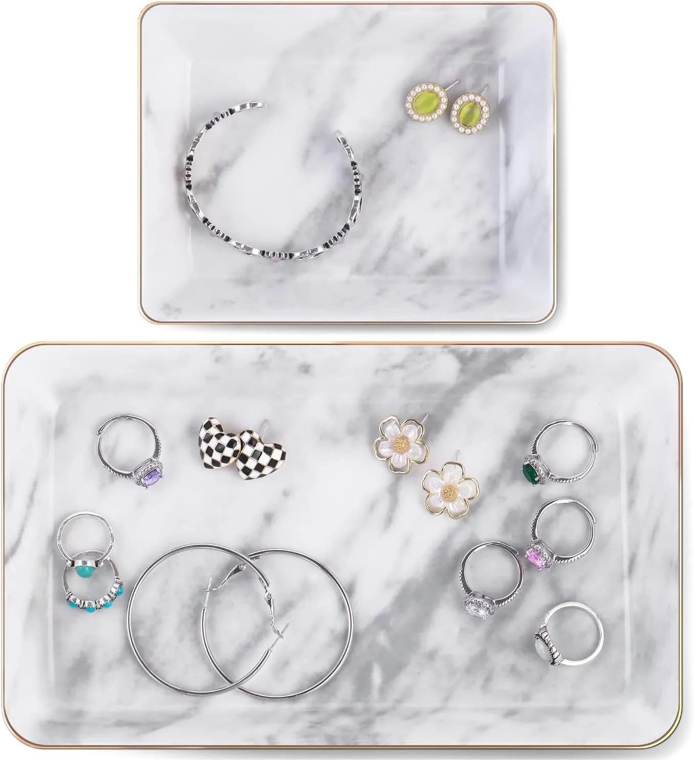Jewelry Dish Tray Set of 2 Large Capacity Trinket Dish for Rings Earrings Necklaces Bracelet Watch Keys, Marble Jewelry Tray, Key Dish, Birthday Gifts for Women