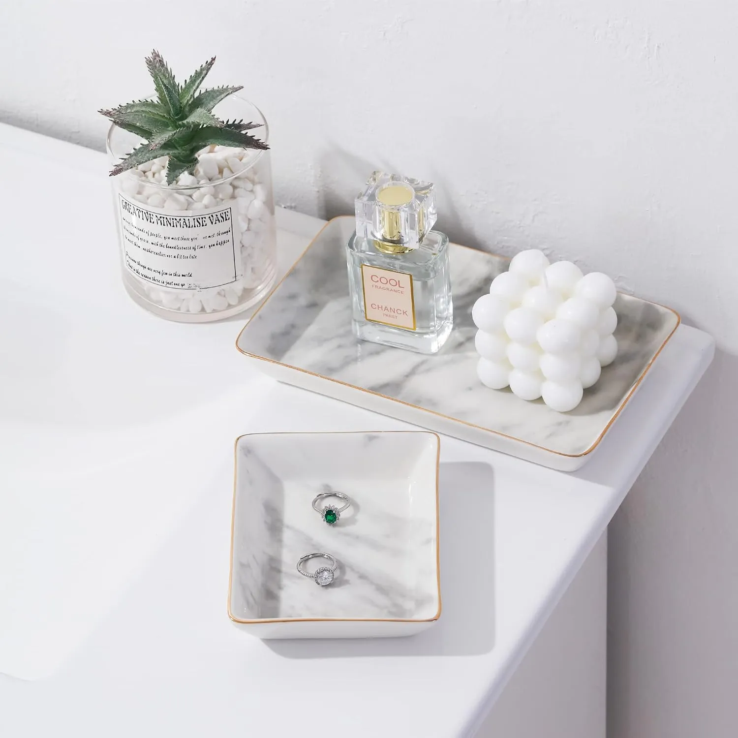 Jewelry Dish Tray Set of 2 Large Capacity Trinket Dish for Rings Earrings Necklaces Bracelet Watch Keys, Marble Jewelry Tray, Key Dish, Birthday Gifts for Women